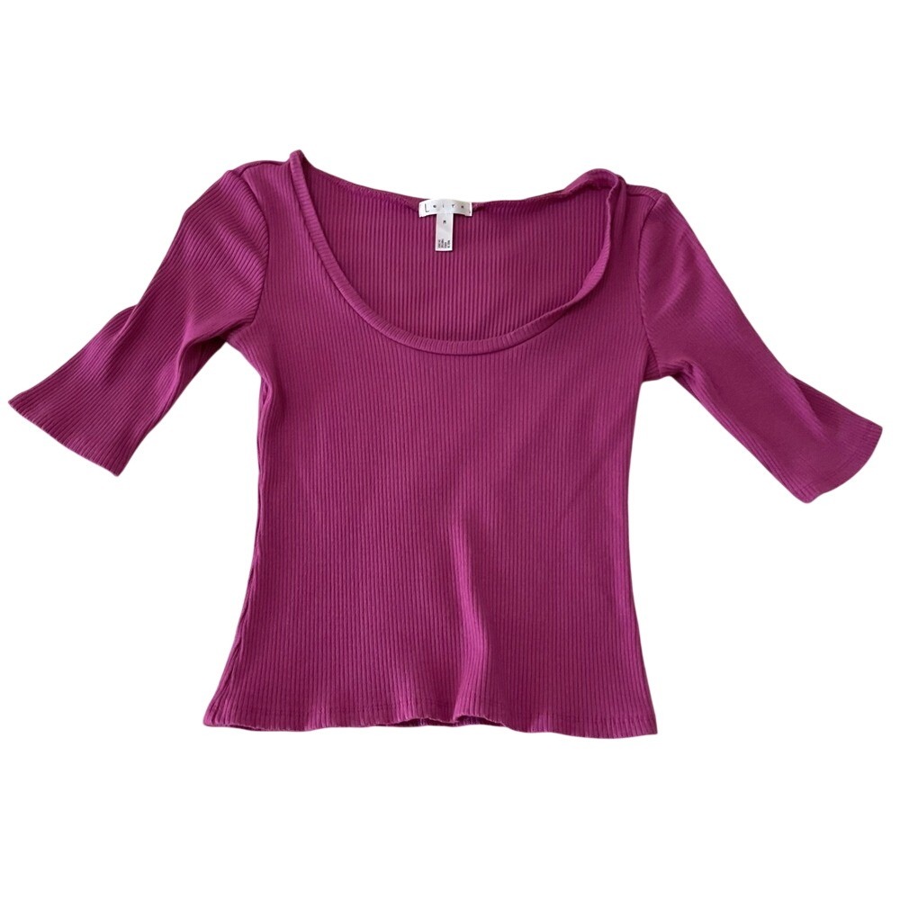 LEITH Ribbed Scoop Neck 3/4 Sleeve Top Magenta M NWOT